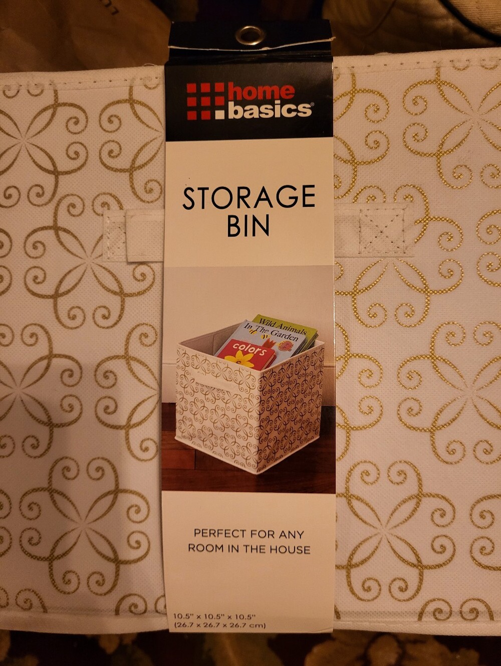 Home Basics White and Gold Scroll Fabric Collapsible Storage Bins, Set of 2